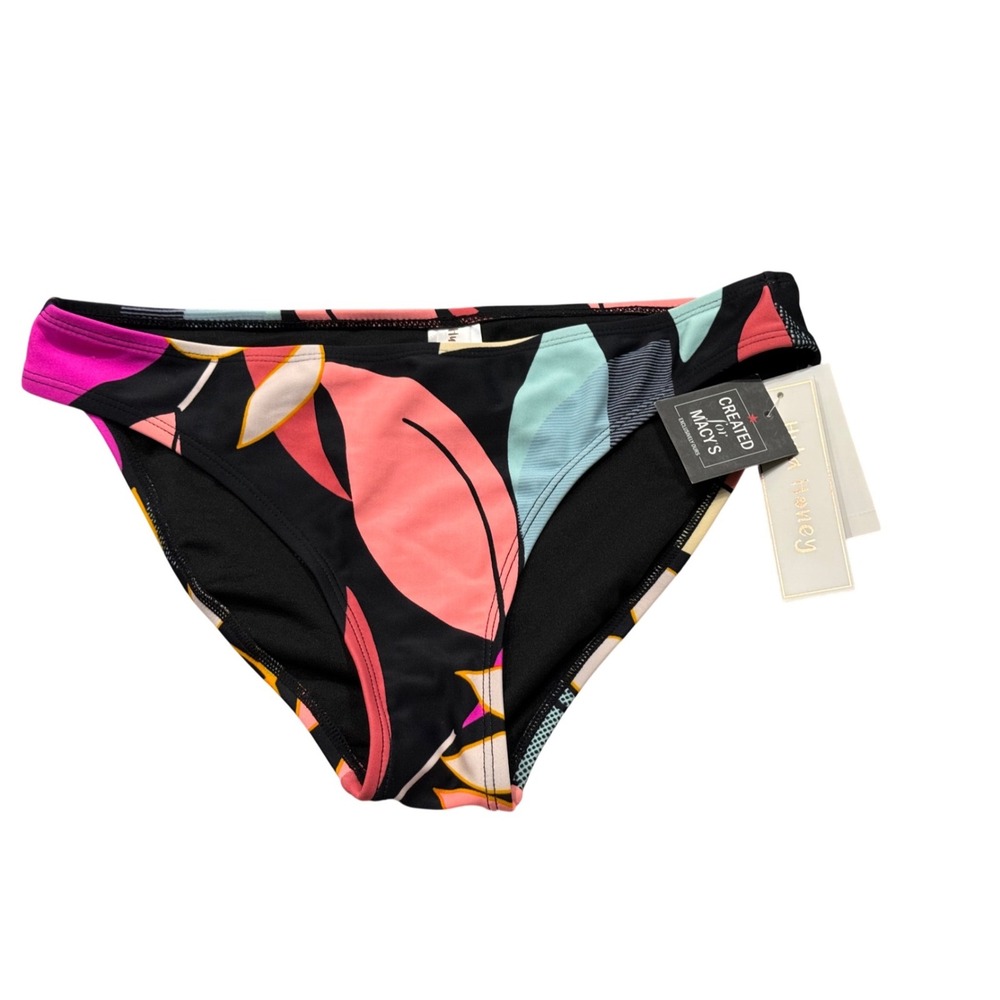 Hula Honey Womens Tropical Leaf Print Hipster Bikini Bottom Black Multi Size M